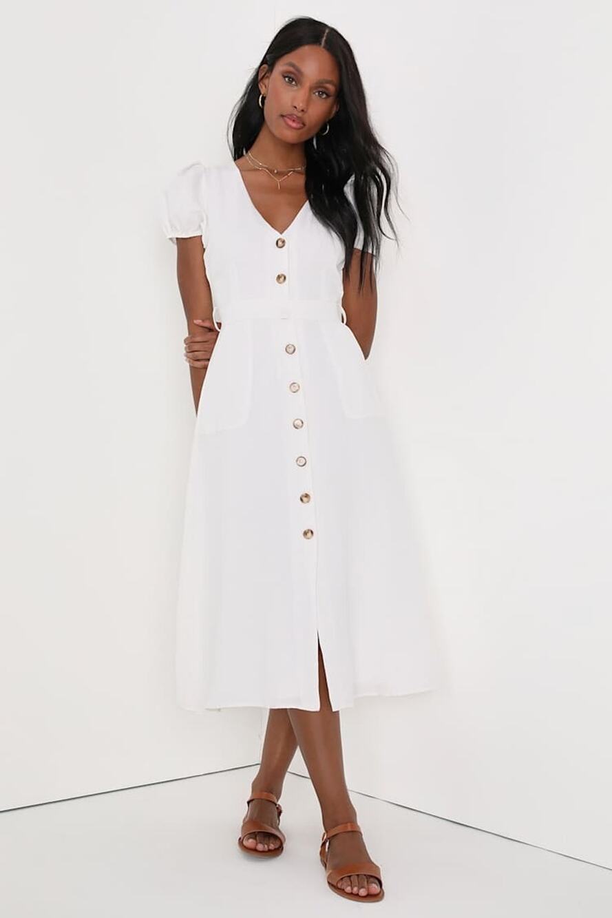 NWT Lulus Sicily Sweetheart White Button-Front Puff Sleeve Midi Dress Size L